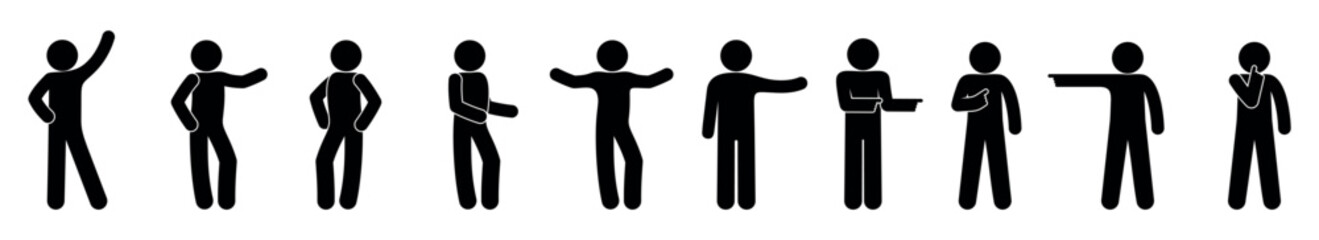 stick figure man icon, people stand, various poses, set of human silhouettes
