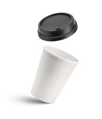 White paper coffee cup and black lid in the air