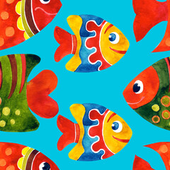 Seamless watercolor pattern with bright fishes.
Funny, colorful fish on a light background. Fabric, texture, background for bed linen, wallpapers, napkins, wrapping paper.