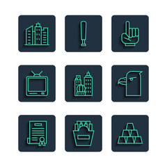 Set line Declaration of independence, Potatoes french fries box, Gold bars, Number 1 one fan hand glove, City landscape, Retro tv, and Eagle head icon. Vector