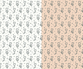 Childish Floral tulip doodle seamless pattern. Hand drawn ink brush strokes illustration, Outline isolated elements. Cute kids design. Transparent background