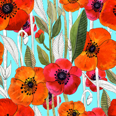 Seamless Spring pattern with Poppies on a light background.
Watercolor endless ornament with spring flowers. Fabric, texture, background for bed linen, wallpapers, napkins, wrapping paper.
