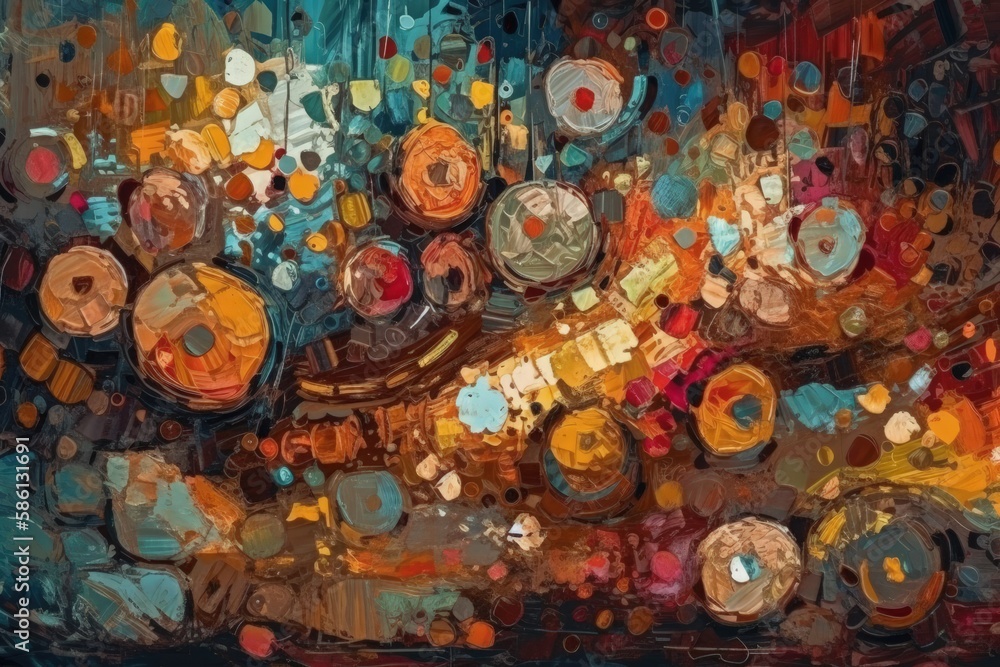 Poster illustration of colorful abstract painting with various shapes and patterns created with generative 