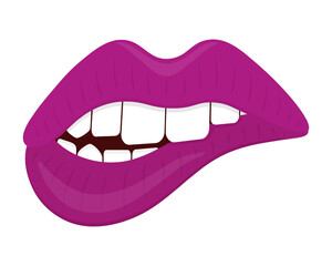 Bite your lip. Pink lipstick on lips. Her teeth bit her bottom lip. Seductive mouth. Color vector illustration. Flat style. Sensual bite. Isolated background. Idea for web design, invitations