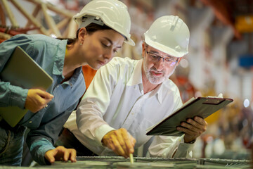 A new generation of engineers in a metal sheet factory.  Studying work methods from supervisors or...