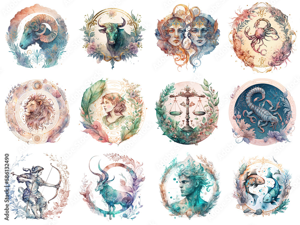 Wall mural set of zodiac signs icons. aries, leo, gemini, taurus, scorpio, aquarius, pisces, sagittarius, libra