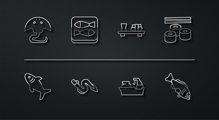 Set line Stingray, Shark, Sushi, Fishing boat, Eel fish, Canned, and on cutting board icon. Vector