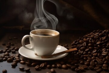 Close-up Coffee Bean. White Coffee Cup on blur Background for Drink Advertisements