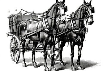 Naklejka na ściany i meble Illustration of two horses pulling a carriage created with Generative AI technology