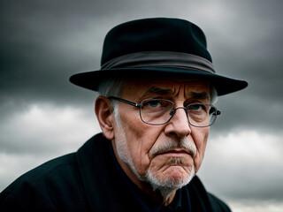 Dramatic portrait of an elderly man, late autumn landscape as background, dark sky with storm clouds. Generative AI.