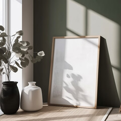 Mockup wood frame in farmhouse scanadinavian living room, bedroom, kitchen... interior, 3d rendering, illustration, scale 1:1, generative AI