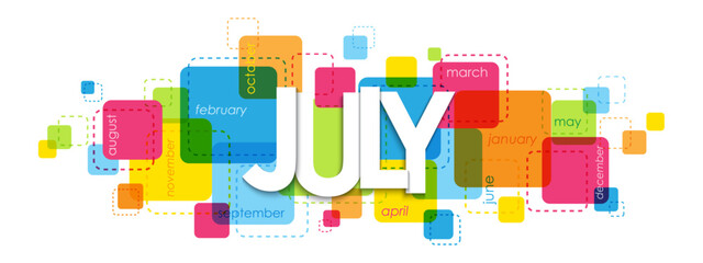 JULY colorful vector typography banner - obrazy, fototapety, plakaty