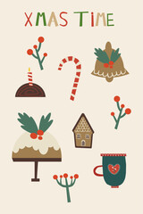 A collection of christmas items including a christmas cake, a candle, a candy cane, a cup of tea and a christmas tree.