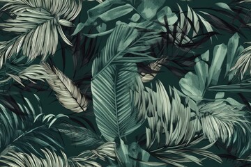 green and white tropical wallpaper with overlapping leaves created with Generative AI technology