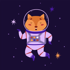 Cute space animal vector illustration. Dancing fox astronaut in outer space, cartoon animal. Little explorer universe. Ideal for kids concepts. International Day of Human Space Flight and Cosmonautics