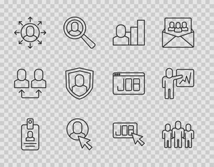 Set line Identification badge, Project team base, Productive human, Worker, Multitasking manager working, User protection, Search job and Leader of of executives icon. Vector