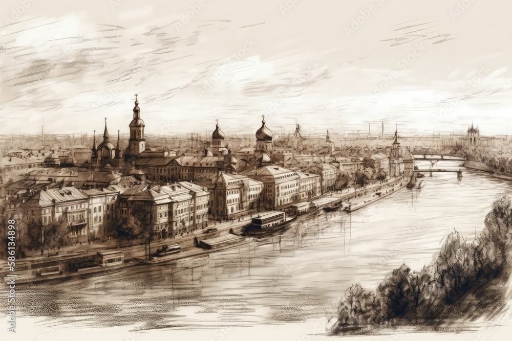 Poster cityscape with a flowing river created with generative ai technology