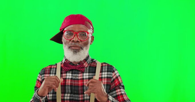 Cool, stylish and face of a black man on a green screen isolated on a studio background. Retro, fashion and portrait of a senior African person in vintage, fashionable and trendy clothing with mockup