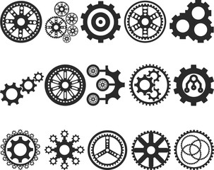 Cogwheel icon set, 15 gear icon set black vector