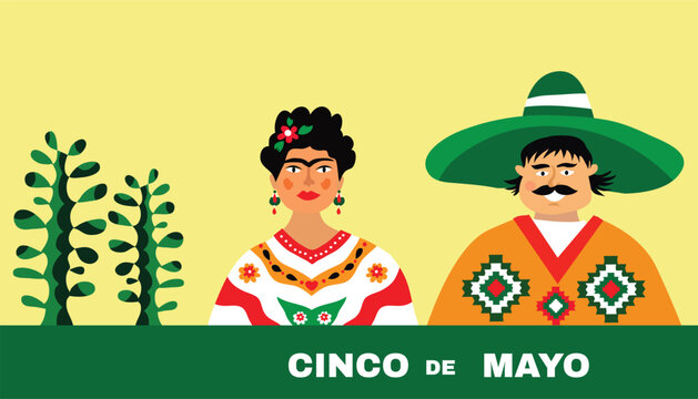 Happy Cinco de mayo template  poster with guitar, sombrero, pepper, tequila, firework, pattern  Translation from spanish - Cinco de Mayo - May 5 federal holiday in Mexico.Vector illustration Mexico  