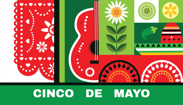 Happy Cinco de mayo template  poster with guitar, sombrero, pepper, tequila, firework, pattern  Translation from spanish - Cinco de Mayo - May 5 federal holiday in Mexico.Vector illustration Mexico  