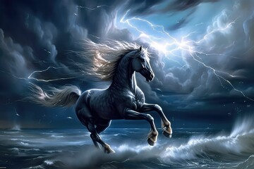 Obraz na płótnie Canvas beautiful horse running over the stormy sea, generative AI