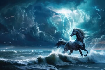 beautiful horse running over the stormy sea, generative AI
