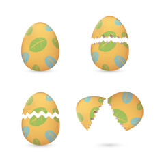 Cracked 3D yellow Easter eggs with green leaves set