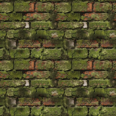 Seamless pattern of an old brick wall with cracks and moss. Bricks background. Perfect for wallpaper, web backgrounds. Good quality for repeating design. Generative AI. Edited in photoshop.
