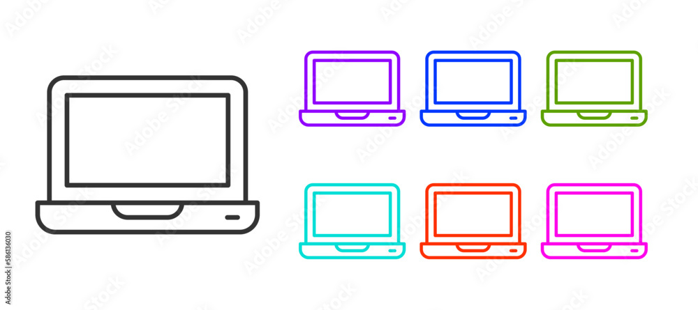Poster black line laptop icon isolated on white background. computer notebook with empty screen sign. set i