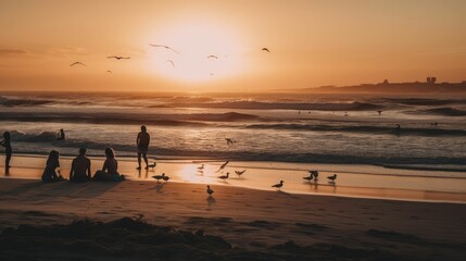 sunset on the beach, birds and children, generative AI