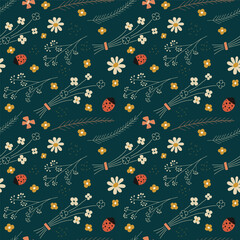 Seamless vector pattern with flowers, leaves, ladybugs on the green background. Flat style