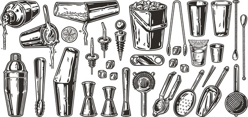 Bartending set with cocktail shaker, muddler and jigger. Chromed metal cocktail bar tools for barman or bartender.
