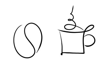A coffee bean and coffee mug drawn in a simple style. Good for any project.