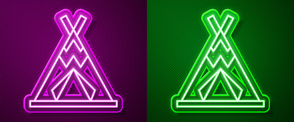 Glowing neon line Traditional indian teepee or wigwam icon isolated on purple and green background. Indian tent. Vector © Kostiantyn