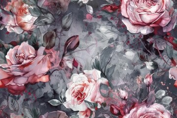 Illustration of Pink Roses on a Gray Background created with Generative AI technology