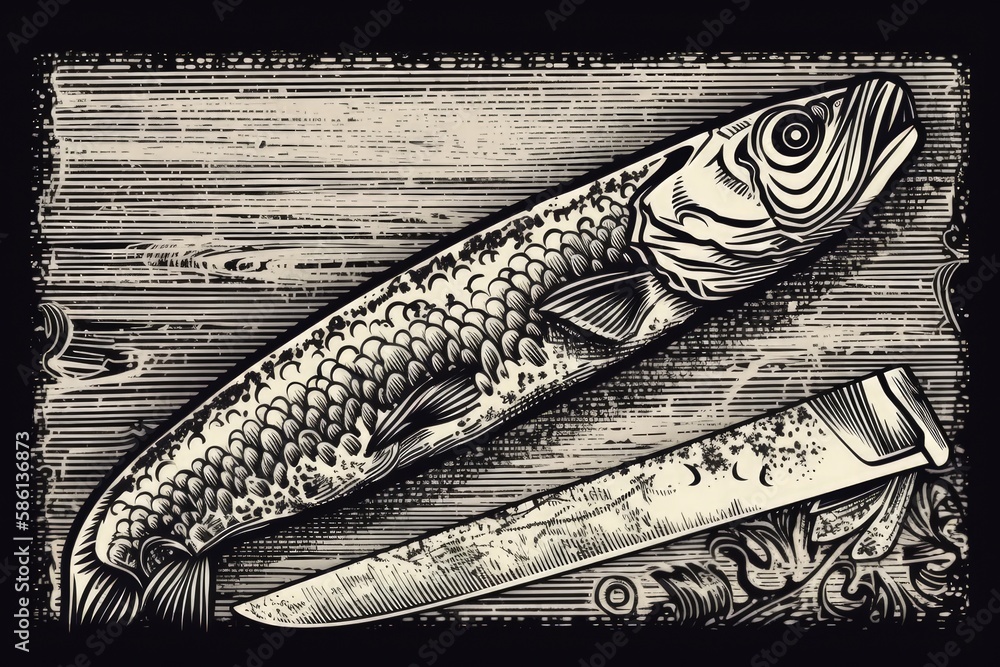 Poster illustration of two fresh fish on a wooden cutting board with a sharp knife created with generative 