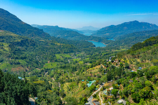 Aerial view of tea plantations near Ramboda falls at Sri Lanka