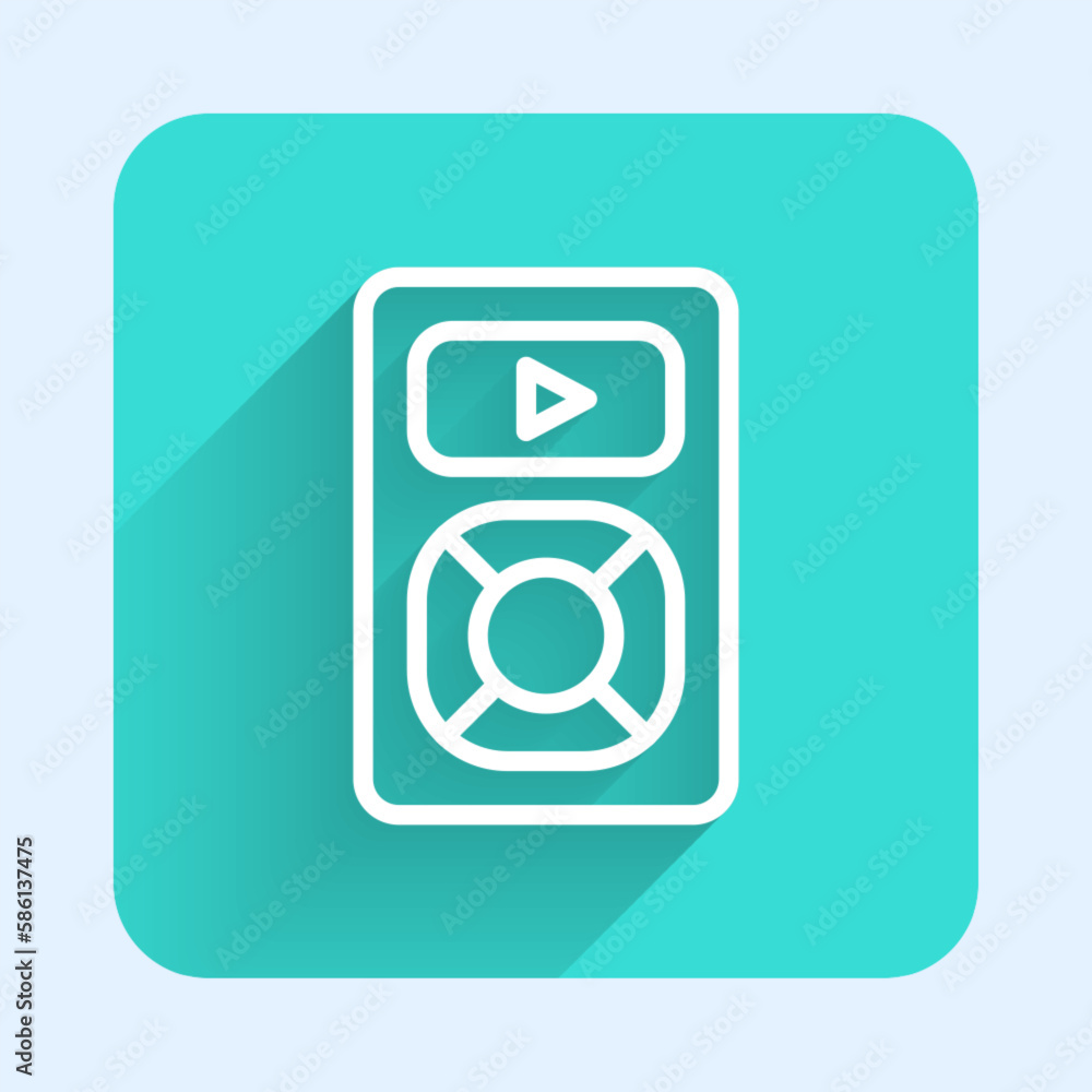 Poster white line music player icon isolated with long shadow background. portable music device. green squa