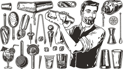 Bartending set with barmen, cocktail shaker, muddler and jigger for design of bar menu. Chromed metal cocktail bar tools for bartender or barkeepr.