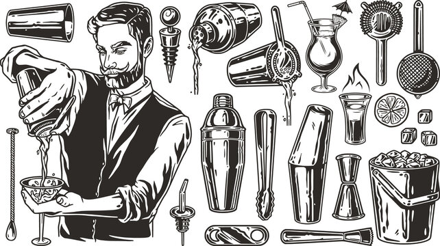 Bartending set with barmen, cocktail shaker, muddler and jigger for design of bar menu. Chromed metal cocktail bar tools for bartender or barkeepr.