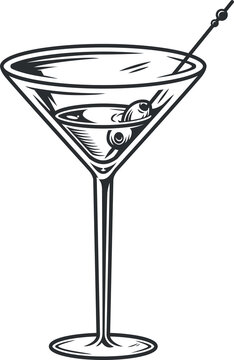 Cocktail martini glass with olives monochrome alcohol bar party menu