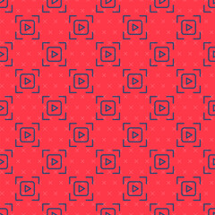 Blue line Camera focus frame line icon isolated seamless pattern on red background. Vector