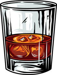 Colored glass of whiskey with ice glass monochrome vector alcohol bar menu