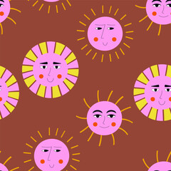Smiling sun, abstract personage, mascot design, funny face, cute icon.