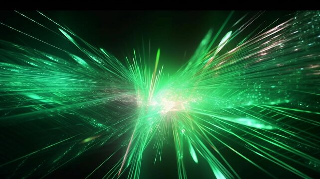 Abstract green energy strings of Tachyons and higgs boson white background, particle emitter iridescent neon holographic glow, flash, rays, shining, gradient visual, Generative IA