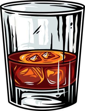 recommend clip art: Colored glass of whiskey with ice glass monochrome vector alcohol bar menu