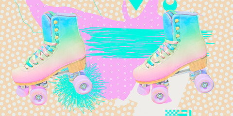 Creative retro collage banner. Roller skates 80s and abstract background. Vintage party concept