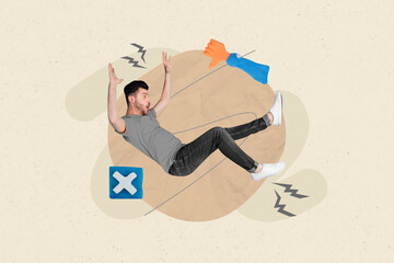 Artwork magazine collage picture of unhappy guy getting dislikes falling down isolated drawing...