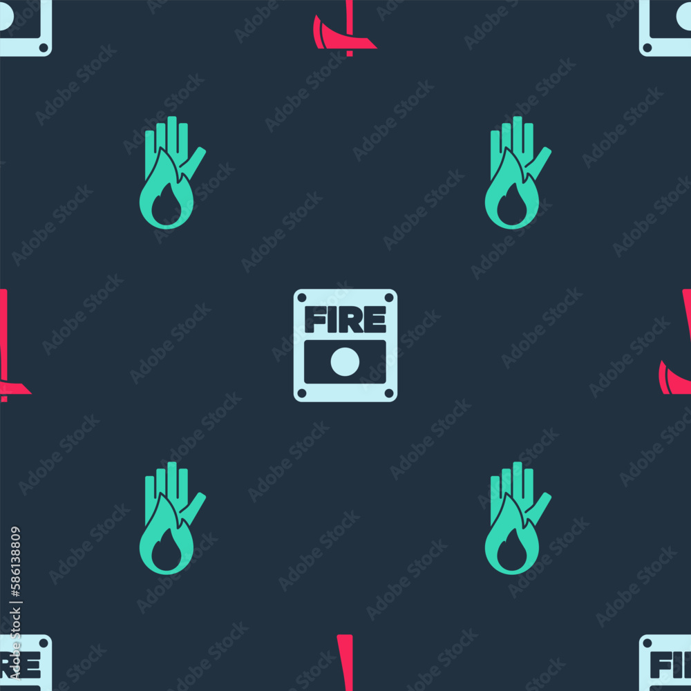 Poster set firefighter axe, alarm system and no fire on seamless pattern. vector